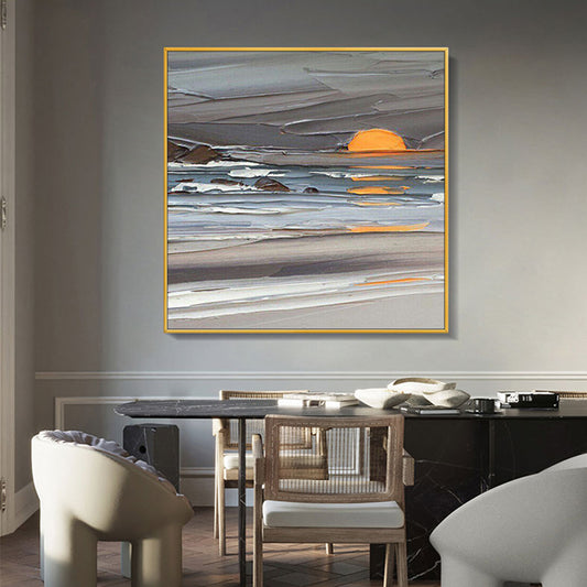 3D Hand Painted Abstract Oil Painting Landscape Painting On Canvas Handmade Sunrise For Modern Home Decorative,31inx31in,No Frame