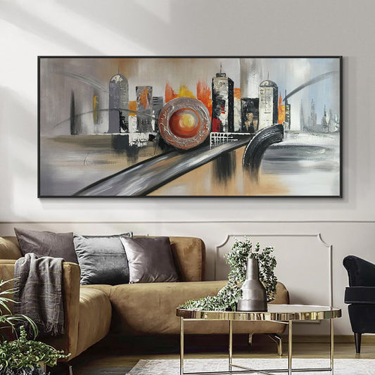 Abstract 3D Large City Building Painting  Hand Painted Oil Painting On Canvas Landscape Wall Art,27inx54in,No Frame