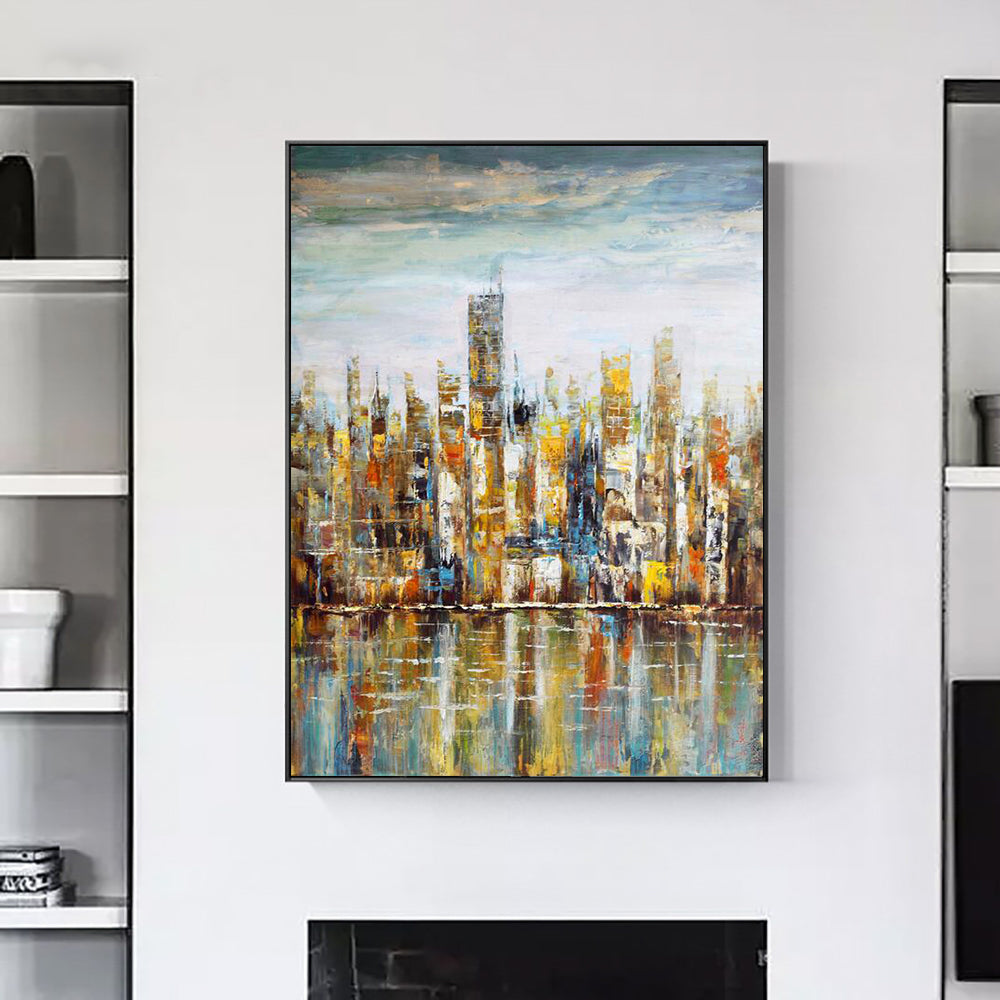 Abstract Colorful Building Oil Painting Handpainted On Canvas Without Frame Fashion Modern Wall Art For Living Room,31inx47in,No Frame