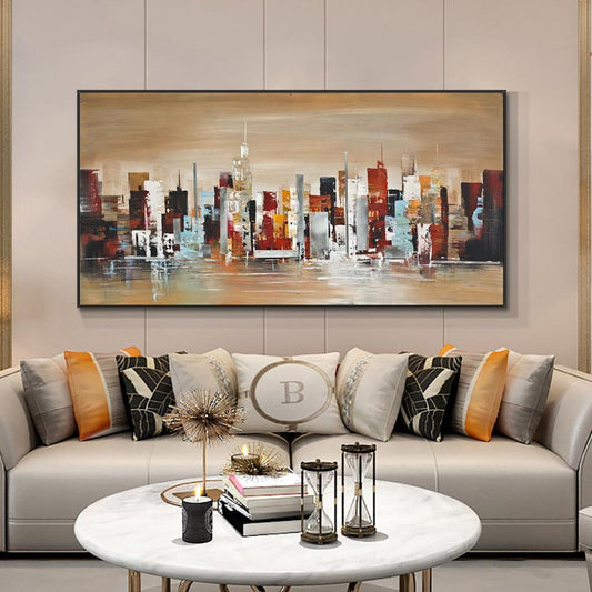 Abstract Large City Building Oil Painting On Canvas  Hand Painted Wall Art Pictures For Modern,27inx54in,No Frame
