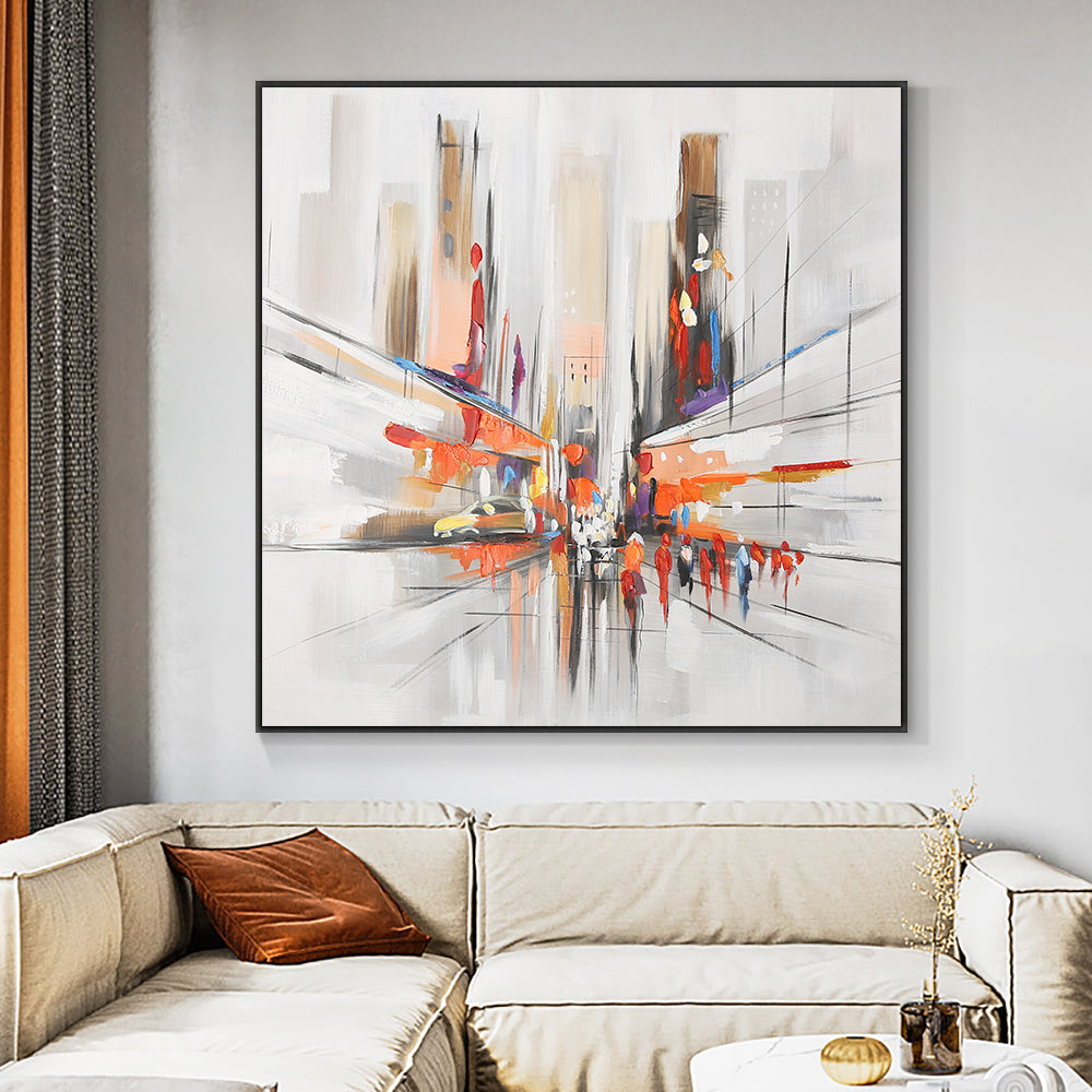Abstract City Building Street People Oil Painting  Hand Painted On Canvas Decorative Modern Wall Art,31inx31in,No Frame
