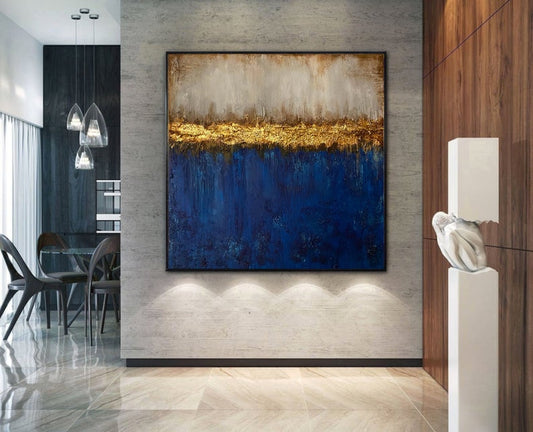 Handmade Blue Gold Leaf Acrylic Painting Textured Abstract Painting On Ready To Hang Canvas Gold Foil Oversized Wall Art31in,No Frame
