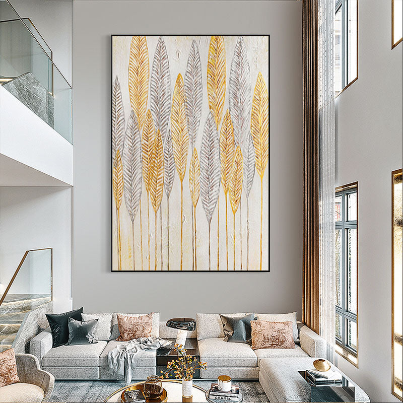Living Room Hotel Lobby Pure Hand painted Oil Painting Atmosphere Gold leaf Painting Leaf Large Mural,31inx47in,No Frame
