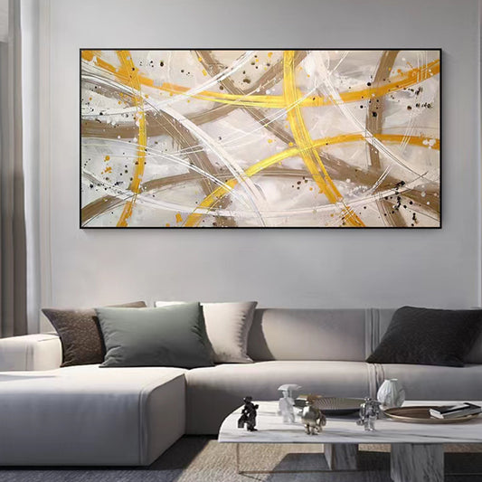 Pure Hand painted Oil Painting Living Room Abstract Sofa Background Wall Painting Golden Line Decorative Painting,27inx54in,No Frame
