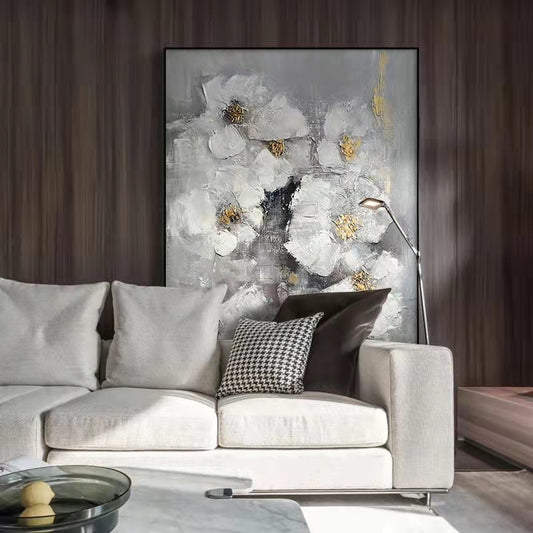 White Flowers on Canvas Abstract Oil Painting Poster Hand Painted Canvas Painting Living Room Decor Wall,31inx47in,No Frame
