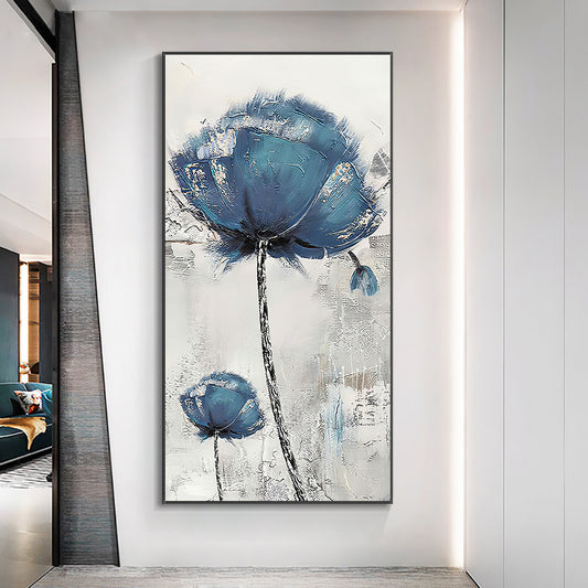 Hand painted Abstract Flower Oil Painting Nordic Wall Art Handmade Blue Poppies Art Canvas Oil Painting,27inx54in,No Frame