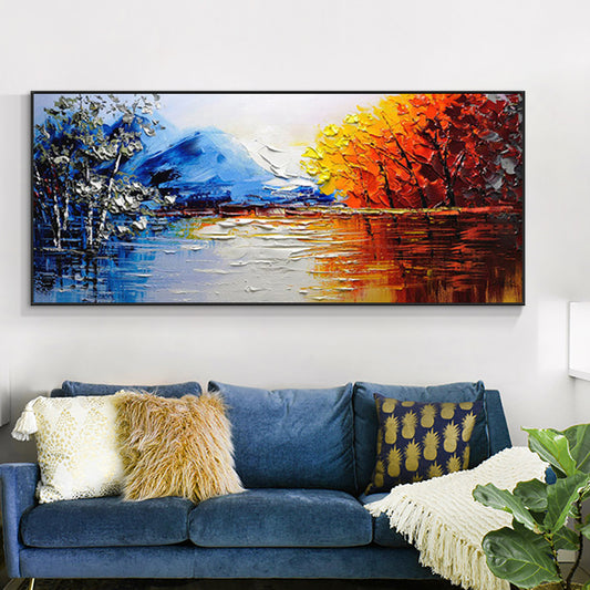 Hand painted Abstract Landscape Oil Painting Wall Art Handmade Red Tree Mountain Canvas Oil Painting,27inx54in,No Frame