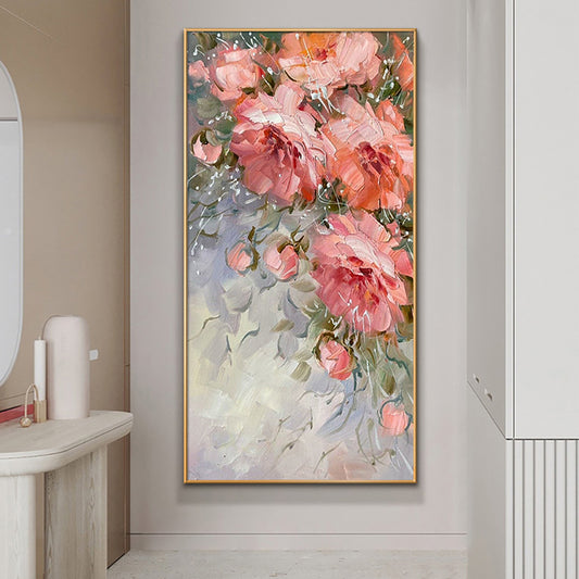 Hand Painted Oil Painting Peony Painting Light Luxury Abstract Floral Art Picture Thick Oil Handmade Flower,27inx54in,No Frame