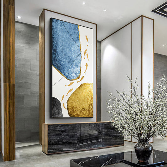 Nine Fish Figure hand-painted Oil Paintings Abstract Light Luxury Villa Living Room Entrance Decorative Painting Murals Modern M27inx54in,No Frame