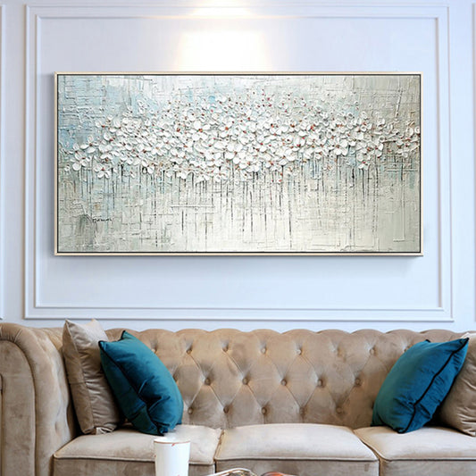 3D Knife Abstract White Flowers Oil Painting Handpainted On Canvas Living Room Salon Home Decoration Painting,27inx54in,No Frame