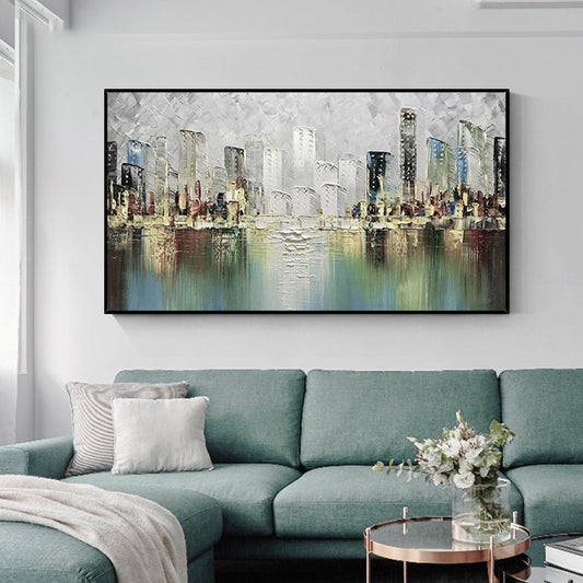 Hand painted Oil Painting Abstract City Black and White Wall Decorative Painting Architecture Hanging Painting Wall,27inx54in,No Frame