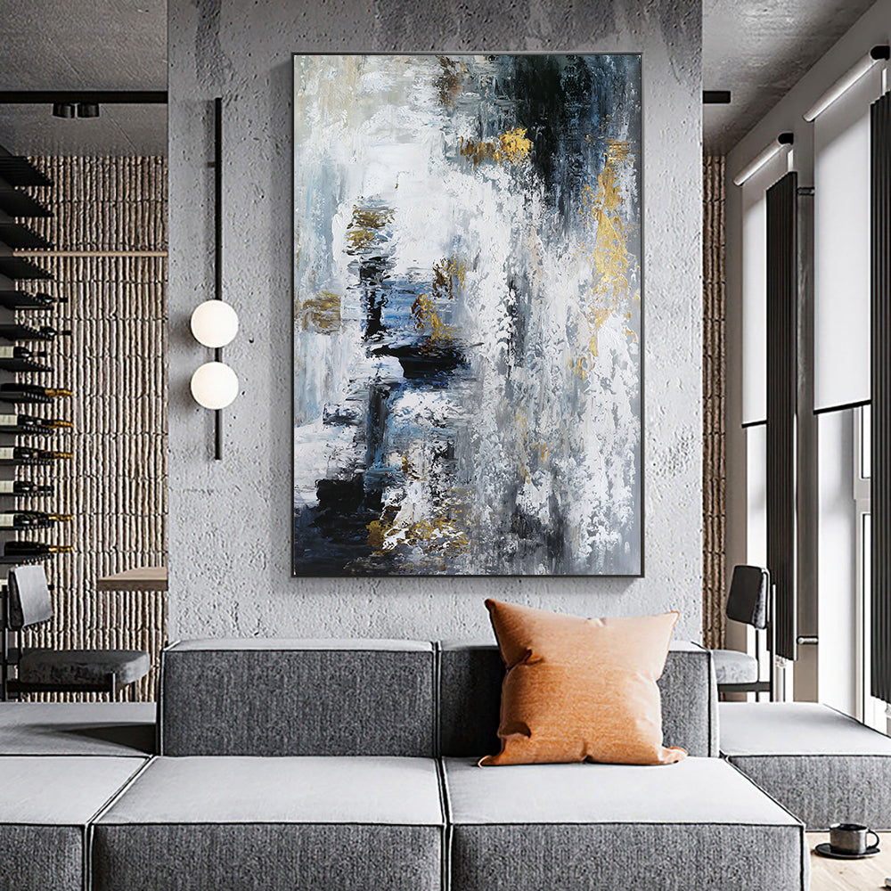 Abstract Black White Gold Oil Painting Handmade On Canvas Modern New Style Wall Art Pictures For Living Room,31inx47in,No Frame