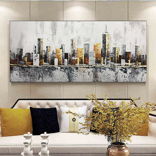 Handmade Building Oil Painting Abstract City Scenery Art Canvas Painting Wall Hangings Picture For Living Room,27inx54in,No Frame