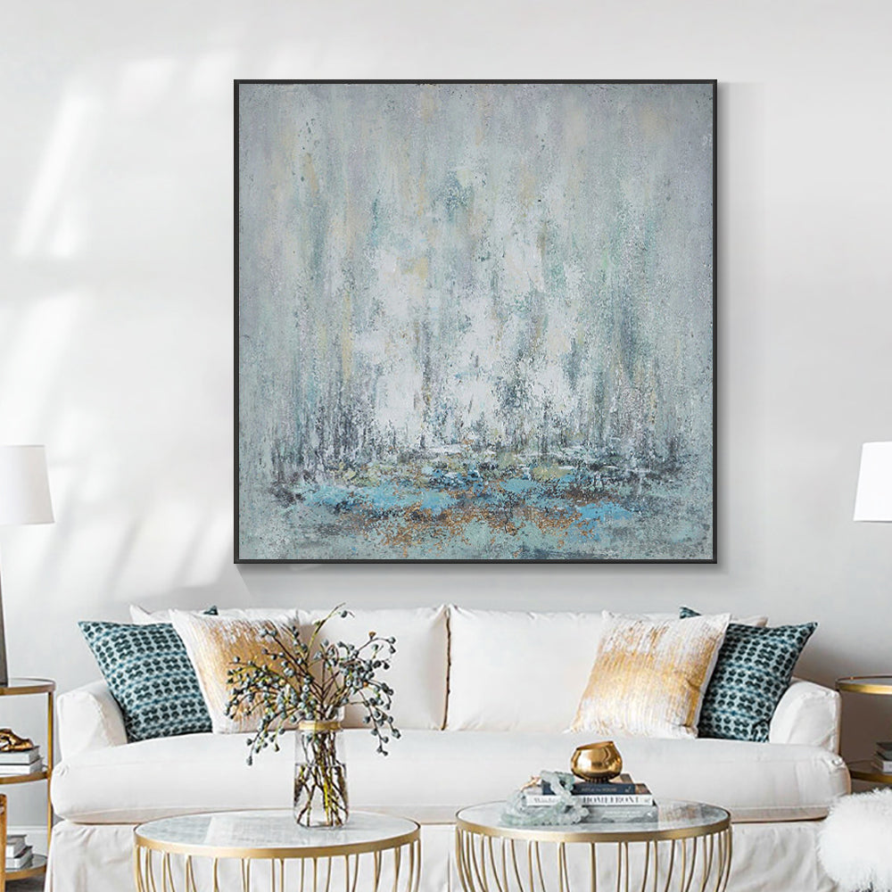 Hand Painted Abstract Oil Painting Modern Minimalism Green Wall Art Gold Powder Handmade Oil Painting,31inx31in,No Frame