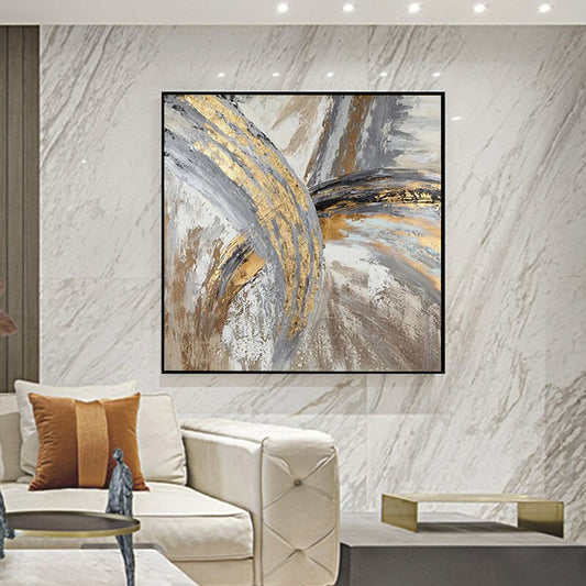 Modern abstract gold foil line golden canvas art painting living room bedroom hand painting home decoration,31inx31in,No Frame