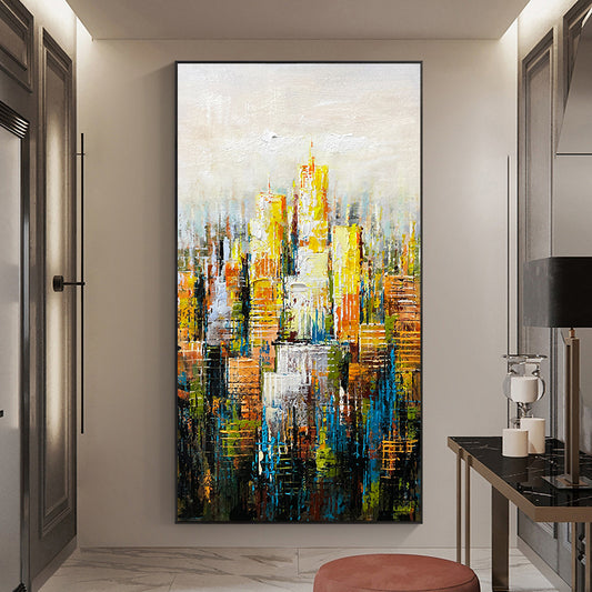 Handmade Oil Painting Canvas Painting Vertical Urban Landscape Living Room Porch Decorative Painting Can be Customized,27inx54in,No Frame