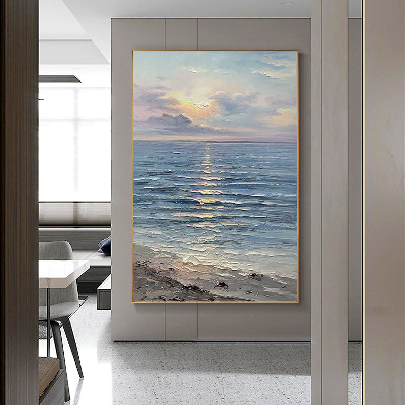 Handmade Canvas Oil Painting Decoration Sea Dawn Modern Art Mural Living Room Bedroom Office Hotel Hanging For Living Room,31inx47in,No Frame