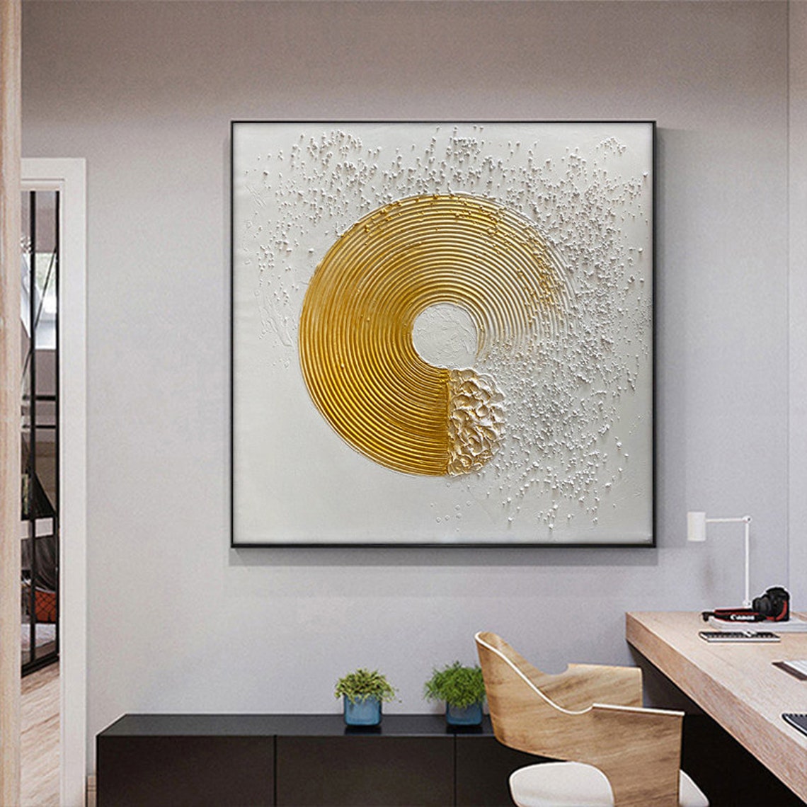 Extra Large Golden Circle Oil Painting Handmade Abstract Original Modern Textured Annular Acrylic Painting Living Room