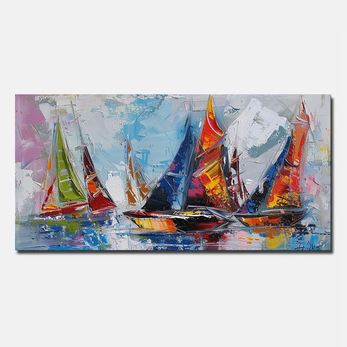 Hand Painted Oil Painting On Canvas Sailing boat Blue Abstract Wall Art  Unframed/Rolled