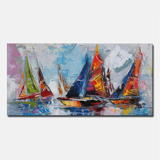 Hand Painted Oil Painting On Canvas Sailing boat Blue Abstract Wall Art  Unframed/Rolled