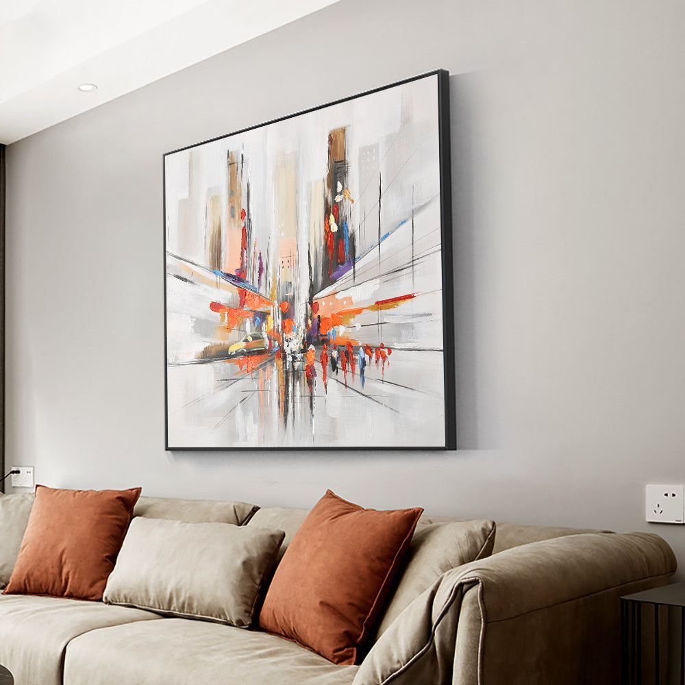 Abstract City Building Street People Oil Painting  Hand Painted On Canvas Decorative Modern Wall Art,31inx31in,No Frame