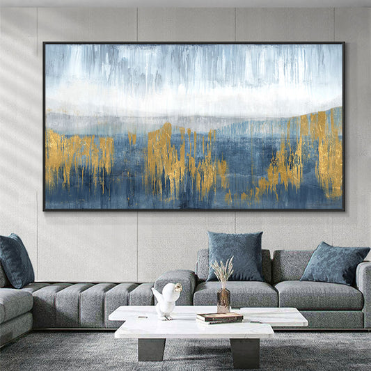 Abstract Handmade Landscape Oil Painting On Canvas Blue With Gold Foil Paintings Wall Art For Bedroom,27inx54in,No Frame