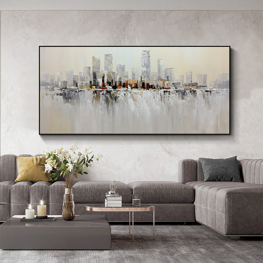 Handmade Building Oil Painting Abstract City Scenery Art Canvas Painting Wall Hangings Picture For Living Room,27inx54in,No Frame