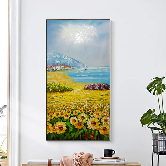 Hand Painted Sunflower Oil Painting House Landscape On Canvas In Living Room Modern Wall,27inx54in,No Frame