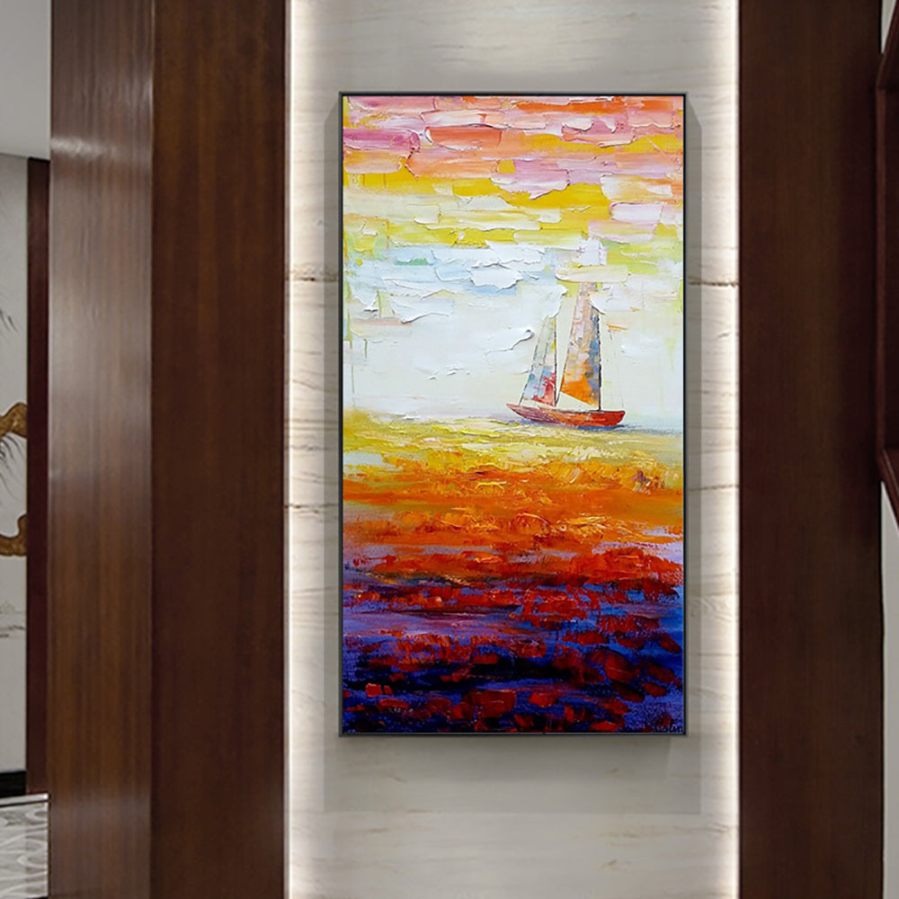 Hand Painted Oil Painting Sailboat Modern Abstract Landscape Decorative Painting Thick Oil Knife Painting On Canvas,27inx54in,No Frame