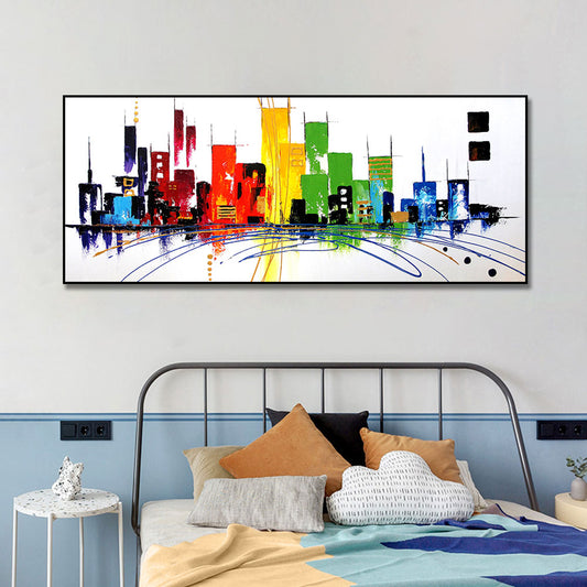 #590Hand painted Abstract Landscape Oil Painting Colorful Mordern Building Wall Art Handmade Canvas Painting for Livingroom,27inx54in,No Frame