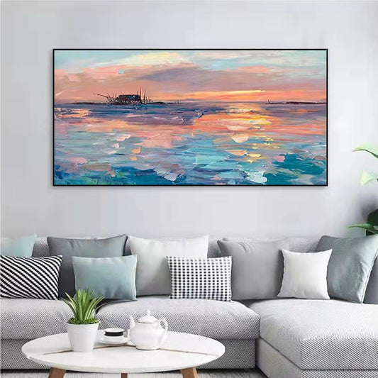 Handpainted Oil Painting Monet Sunrise Living Room Decorative Painting Modern Sofa Background Wall Abstract Art Hanging,27inx54in,No Frame