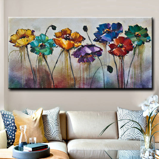 Abstract 7 Different Colors Flowers Oil Painting  Hand Painted On Canvas Modern Handmade Wall Art,27inx54in,No Frame
