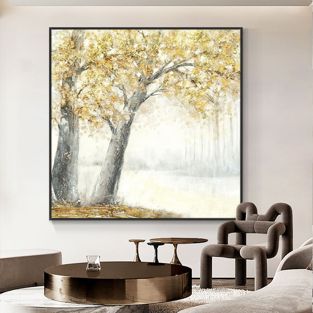 Handmade Modern Canvas Art Oil Painting Knife Tree With Yellow Leaves Painting Wall Art Picture,31inx31in,No Frame
