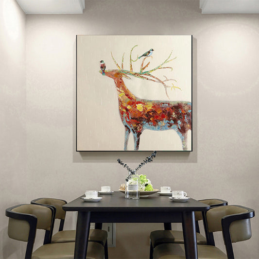 Nordic Animal Hand painted Series Oil Painting Elk Parrot Living Room Bedroom Dining Room Background Wall,31inx31in,No Frame