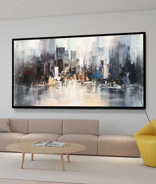 Hand Painted Original Cityscape Oil Painting Canvas Large Knife Painted Abstract Seascape Architecture Wall Art,27inx54in,No Frame