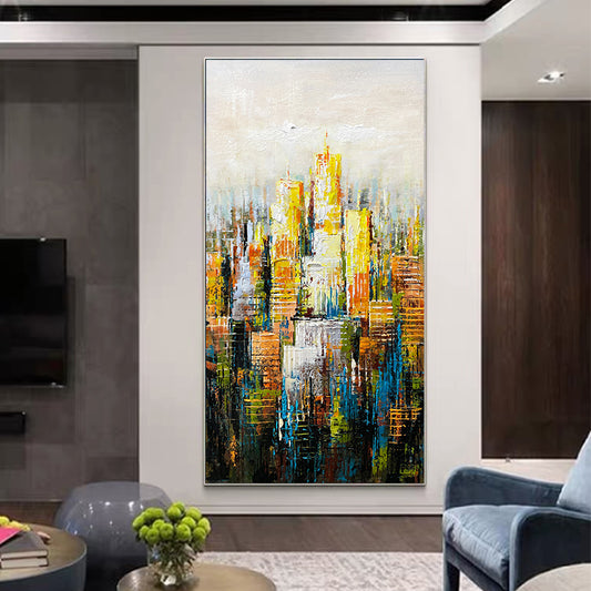 Handmade Oil Painting Canvas Painting Vertical Urban Landscape Living Room Porch Decorative Painting Can be Customized ,27inx54in,No Frame