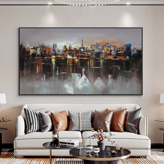 Abstract Large City Building At Night  Hand Painted Oil Painting On Canvas Decorative Landscape Wall,27inx54in,No Frame