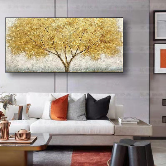 Hand Painted Large Palette 3D Knife Gold Tree Painting Modern Landscape Oil Painting On Canvas Wall,27inx54in,No Frame