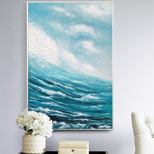 Abstract Blue Sea Hand Painted Oil Paintings Modern Landscape On Canvas Wall Art Pictures For Living Room,27inx54in,No Frame