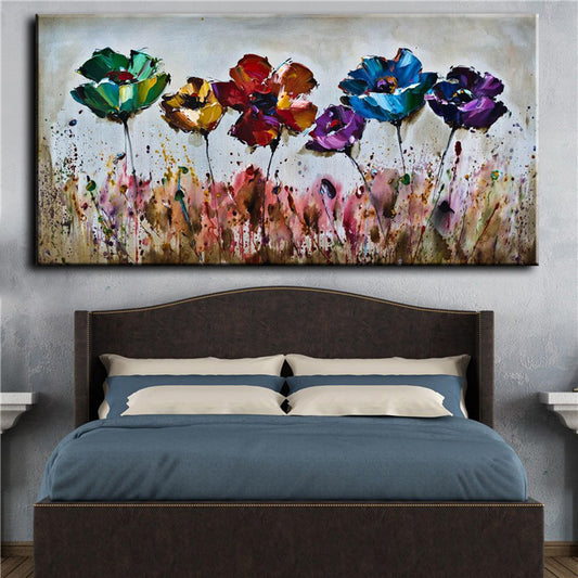 Abstract 7 Different Colors Flowers Oil Painting  Hand Painted On Canvas Modern Handmade Wall Art,27inx54in,No Frame