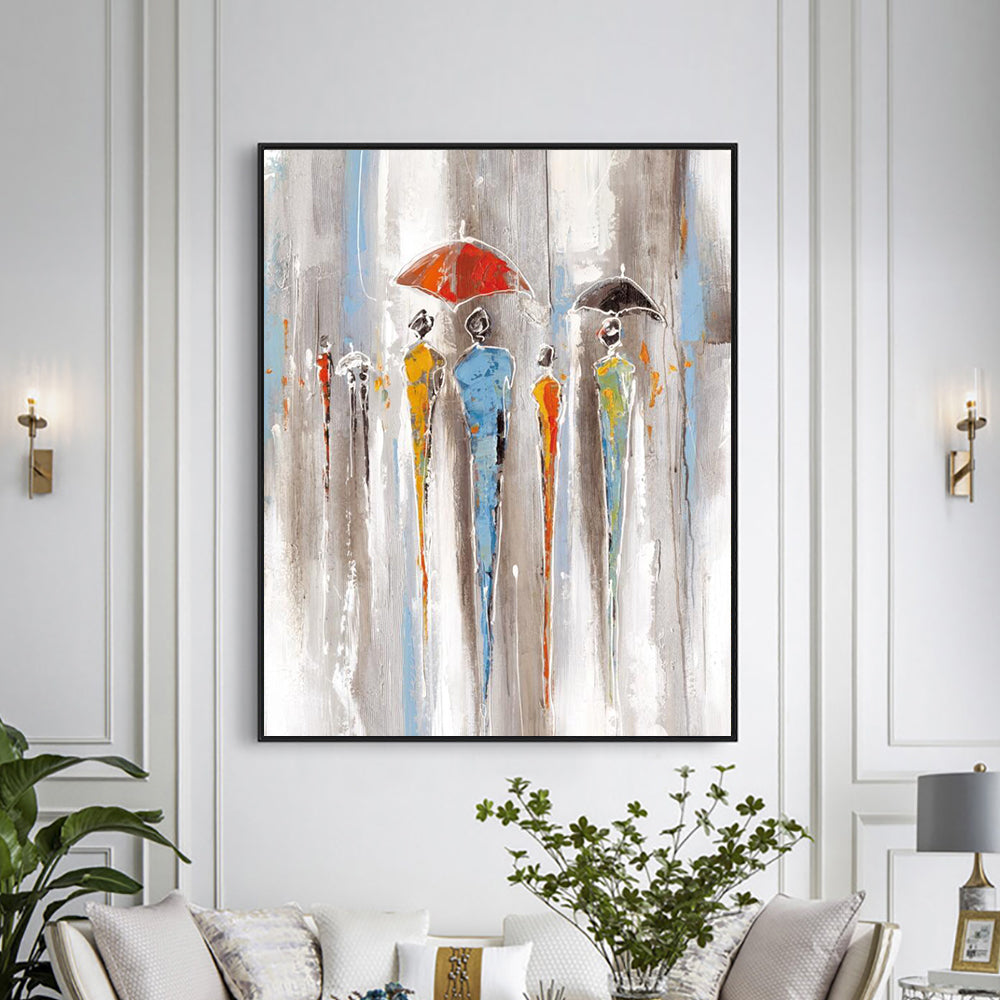 Abstract People In the Rain With Umbrellas Hand Painted Oil Painting On Canvas Abstract Wall For Living Room,31inx47in,No Frame