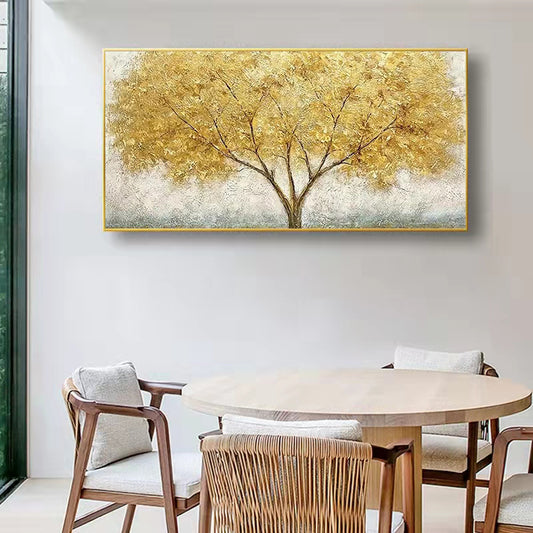 Hand Painted Large Palette 3D Knife Gold Tree Painting Modern Landscape Oil Painting On Canvas Wall,27inx54in,No Frame