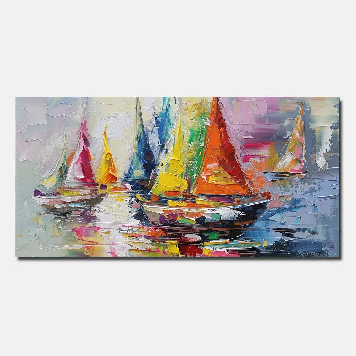 Abstract Red Hand Painted Oil Painting On Canvas Sailing boat Wall Art Unframed/Rolled