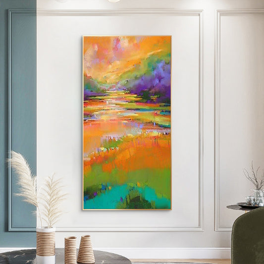 #280Orange Hand painted Oil Painting Blue Modern Abstract Living Room Bedroom Porch Mural Large Oil Painting,27inx54in,No Frame