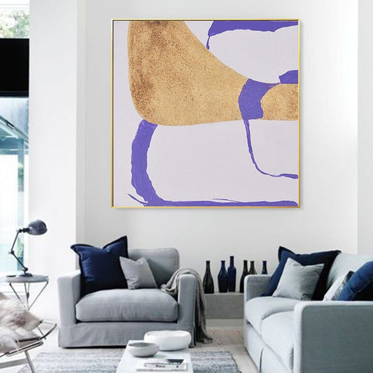 LargeAbstractPaintingOnCanvasGoldAcrylicPaintingPurpleSimpleGeometryArtContemporaryAbstractWallArt 31in,No Frame