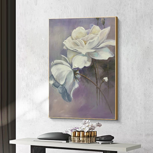 Handmade White Flower Oil Painting Modern Wall Art On Canvas Hanging Mural Living Room,31inx47in,No Frame