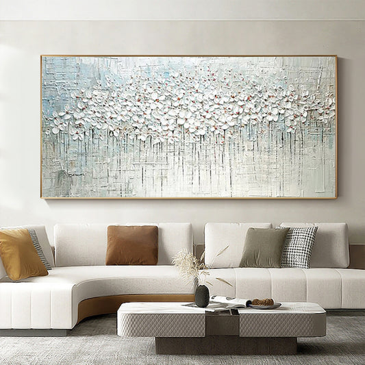 3D Knife Abstract White Flowers Oil Painting Handpainted On Canvas Living Room Salon Home Decoration Painting,27inx54in,No Frame