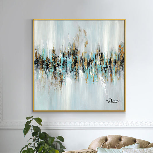 Abstract Blue With Gold Foil Painting Handmade Oil Painting On Canvas Modern Knife Landscape Paintings Wall,31inx31in,No Frame