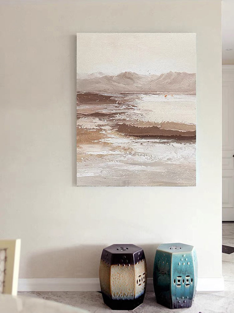 #1040Hand painted Coffee Abstract Landscape Mountain Oil Painting Wall Art On Canvas Texture Picture Living Room,31inx47in,No Frame