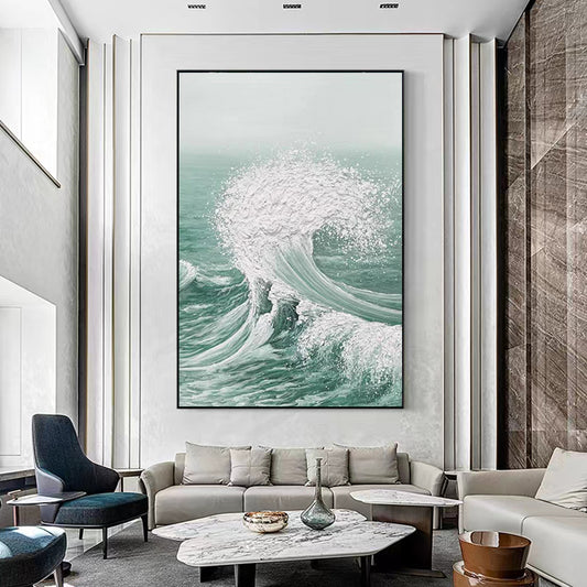 Hand painted Texture Oil Painting Living Room Floor to ceiling Decorative Painting Ocean Wave Abstract Canvas,31inx47in,No Frame